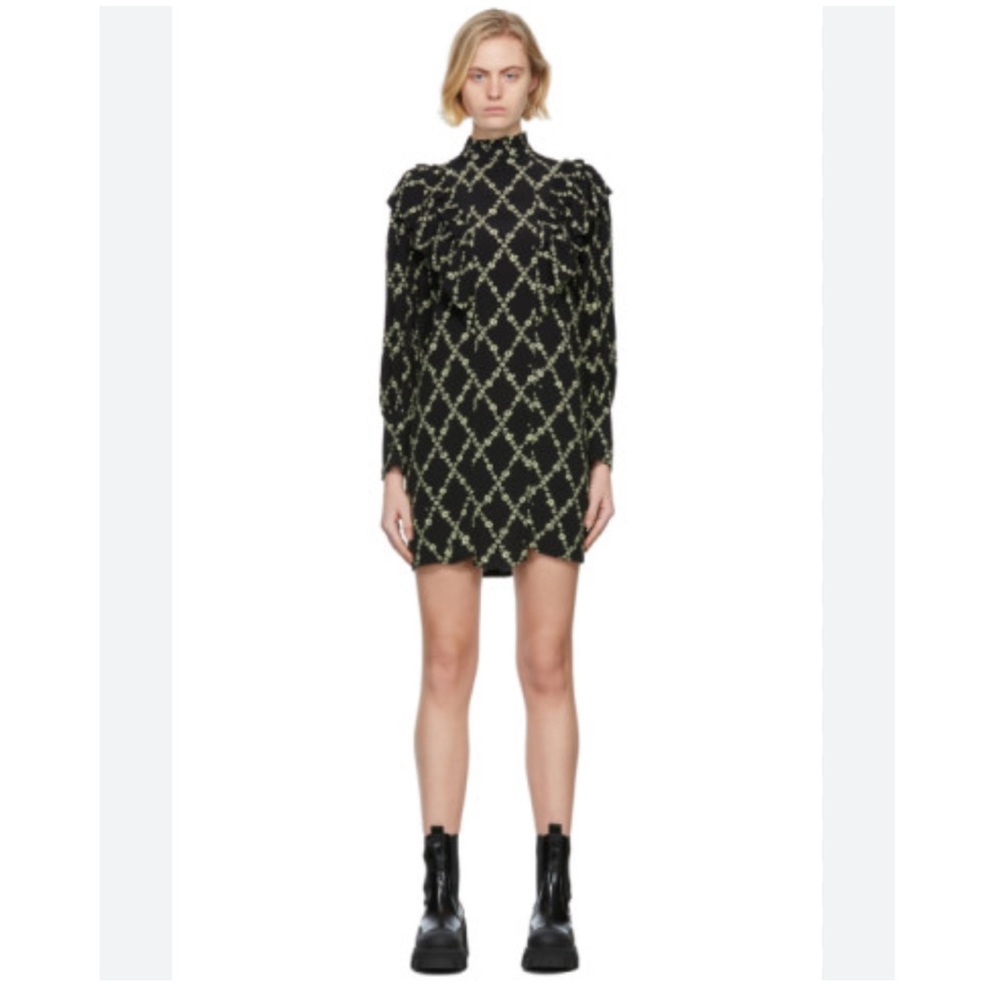 GANNI Crepe Floral Print Mini Dress in Black Margarita M